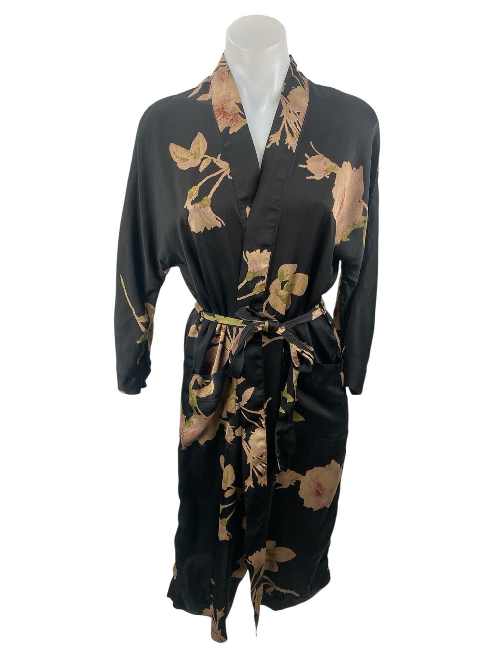 Aritzia Wilfred Black Floral Tie Waist Long Sleeve Belted Midi Robe Sleepwear S